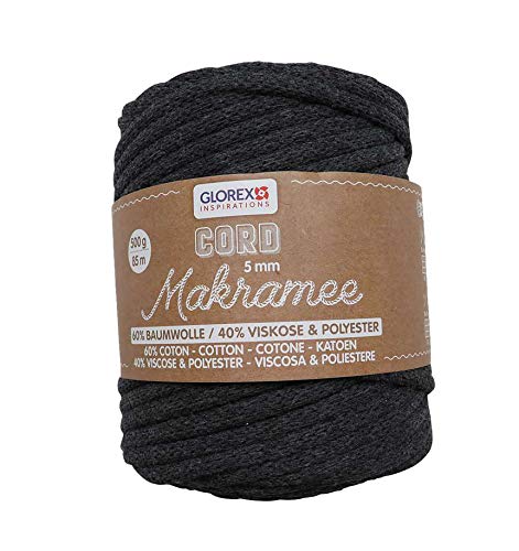 GLOREX 5 1006 14 - Makramee Cord 5 mm, superweiches Textilgarn aus 60 % Baumwolle / 40 % Viskose, zum Häkeln, Stricken, Knüpfen und textilen Gestalten, 500 g, ca. 85 m, gewebt anthrazit GLOREX 5 1006 14 - Makramee Cord 5 mm, superweiches Textilgarn aus 60 % Baumwolle / 40 % Viskose, zum Häkeln, Stricken, Knüpfen und textilen Gestalten, 500 g, ca. 85 m, gewebt anthrazit von GLOREX