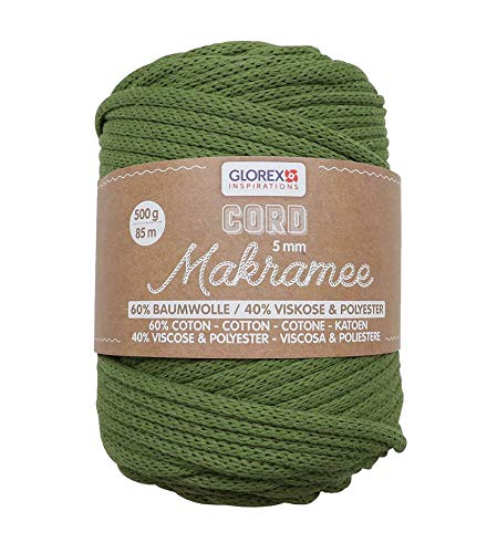 GLOREX 5 1006 15 - Makramee Cord 5 mm, superweiches Textilgarn aus 60 % Baumwolle / 40 % Viskose, zum Häkeln, Stricken, Knüpfen und textilen Gestalten, 500 g, ca. 85 m, gewebt oliv GLOREX 5 1006 15 - Makramee Cord 5 mm, superweiches Textilgarn aus 60 % Baumwolle / 40 % Viskose, zum Häkeln, Stricken, Knüpfen und textilen Gestalten, 500 g, ca. 85 m, gewebt oliv von GLOREX