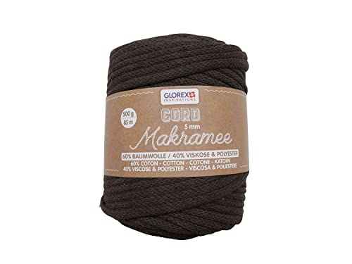 GLOREX 5 1006 16 - Makramee Cord, 500 g, 5 mm, Länge 85 m, braun, rundgestricktes Textilgarn aus 60 % Baumwolle, 40 % Viskose und Polyester, zum Häkeln, Stricken, Knüpfen und Gestalten GLOREX 5 1006 16 - Makramee Cord, 500 g, 5 mm, Länge 85 m, braun, rundgestricktes Textilgarn aus 60 % Baumwolle, 40 % Viskose und Polyester, zum Häkeln, Stricken, Knüpfen und Gestalten von GLOREX