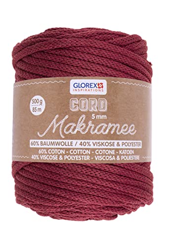 GLOREX 5 1006 18 - Makramee Cord, 500 g, 5 mm, Länge 85 m, bordeaux, rundgestricktes Textilgarn aus 60 % Baumwolle, 40 % Viskose und Polyester, zum Häkeln, Stricken, Knüpfen und Gestalten GLOREX 5 1006 18 - Makramee Cord, 500 g, 5 mm, Länge 85 m, bordeaux, rundgestricktes Textilgarn aus 60 % Baumwolle, 40 % Viskose und Polyester, zum Häkeln, Stricken, Knüpfen und Gestalten von GLOREX