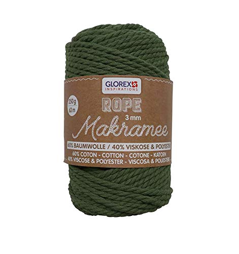 GLOREX 5 1007 05 - Makramee Rope 3 mm, superweiches Textilgarn aus 60 % Baumwolle / 40 % Viskose, zum Häkeln, Stricken, Knüpfen und textilen Gestalten, 250 g, ca. 63 m, gedreht oliv GLOREX 5 1007 05 - Makramee Rope 3 mm, superweiches Textilgarn aus 60 % Baumwolle / 40 % Viskose, zum Häkeln, Stricken, Knüpfen und textilen Gestalten, 250 g, ca. 63 m, gedreht oliv von GLOREX