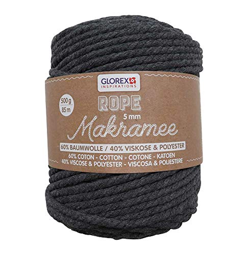 GLOREX 5 1007 14 - Makramee Rope 5 mm, superweiches Textilgarn aus 60 % Baumwolle / 40 % Viskose, zum Häkeln, Stricken, Knüpfen und textilen Gestalten, 500 g, ca. 85 m, gedreht anthrazit GLOREX 5 1007 14 - Makramee Rope 5 mm, superweiches Textilgarn aus 60 % Baumwolle / 40 % Viskose, zum Häkeln, Stricken, Knüpfen und textilen Gestalten, 500 g, ca. 85 m, gedreht anthrazit von GLOREX