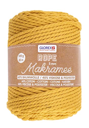 GLOREX 5 1007 17 - Makramee Rope, 500 g, 5 mm, Länge 85 m, senfgelb, dreifachgedrehtes Baumwollgarn, 60 % Baumwolle, 40 % Viskose und Polyester, zum Häkeln, Stricken, Knüpfen und Gestalten GLOREX 5 1007 17 - Makramee Rope, 500 g, 5 mm, Länge 85 m, senfgelb, dreifachgedrehtes Baumwollgarn, 60 % Baumwolle, 40 % Viskose und Polyester, zum Häkeln, Stricken, Knüpfen und Gestalten von GLOREX