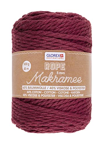 GLOREX 5 1007 18 - Makramee Rope, 500 g, 5 mm, Länge 85 m, bordeaux, dreifachgedrehtes Baumwollgarn, 60 % Baumwolle, 40 % Viskose und Polyester, zum Häkeln, Stricken, Knüpfen und Gestalten GLOREX 5 1007 18 - Makramee Rope, 500 g, 5 mm, Länge 85 m, bordeaux, dreifachgedrehtes Baumwollgarn, 60 % Baumwolle, 40 % Viskose und Polyester, zum Häkeln, Stricken, Knüpfen und Gestalten von GLOREX