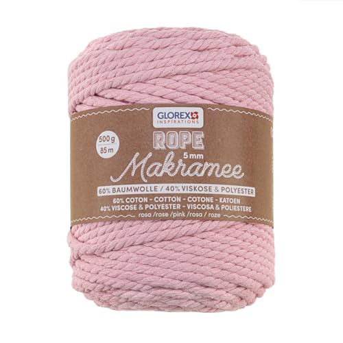 GLOREX 5 1007 20 - Makramee Rope 5 mm, 500 g, Rosa, Länge 85 m, superweiches Textilgarn aus 60 % Baumwolle, 40 % Viskose, zum Häkeln, Stricken, Knüpfen und textilen Gestalten von GLOREX