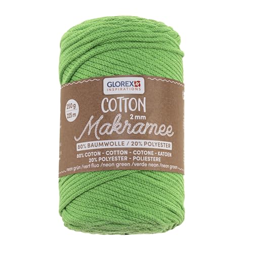 GLOREX 5 1008 37 - Makramee Cotton 2 mm, 250 g, Neon Grün, Länge 225 m, dreifachgedrehtes Baumwollgarn, 100 % Baumwolle, zum Häkeln, Stricken, Knüpfen und Gestalten GLOREX 5 1008 37 - Makramee Cotton 2 mm, 250 g, Neon Grün, Länge 225 m, dreifachgedrehtes Baumwollgarn, 100 % Baumwolle, zum Häkeln, Stricken, Knüpfen und Gestalten von GLOREX