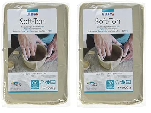 GLOREX 6 8075 201 - Soft Ton weiß 1000 g, natürlicher, besonders weicher und geschmeidiger Ton, lufthärtend und für Brennofen geeignet, sehr gut für Kinder geeignet (Packung mit 2) von GLOREX