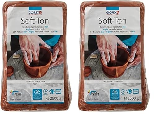 GLOREX 6 8075 337 - Soft Ton terracotta 2500 g, natürlicher, besonders weicher und geschmeidiger Ton, lufthärtend und für Brennofen geeignet, sehr gut für Kinder geeignet (Packung mit 2) von GLOREX