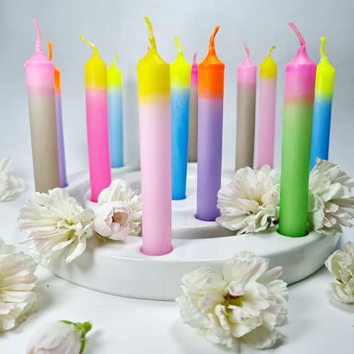 GLOWYBOX Geburtstagskerzen für Kerzenring Kerzen für Kindergeburtstag bunte Kinderkerzen Geburtstagszug Minikerzen bunt Baumkerzen bunt neon dip Dye Kerzen Jahreszeitenring Blütenset von GLOWYBOX