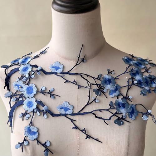 2 x Pflaumenblütenapplikationen zum Aufbügeln, blaue Stickerei, Blumenranke, für Kleidung, Kostüme von GLSHAN