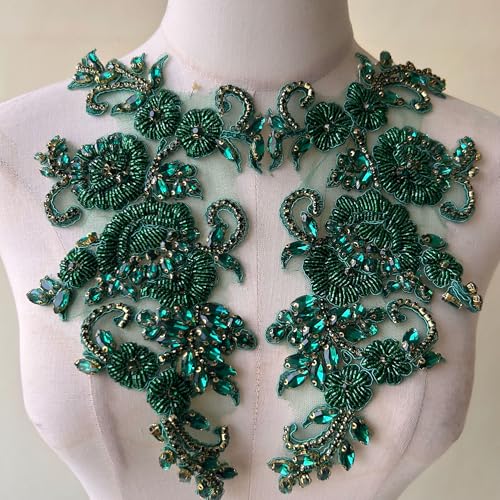 Spiegelpaar Strassapplikationen Smaragd Bling Perlen Blume Patch für Abschlussball Kleid Kostüme von GLSHAN