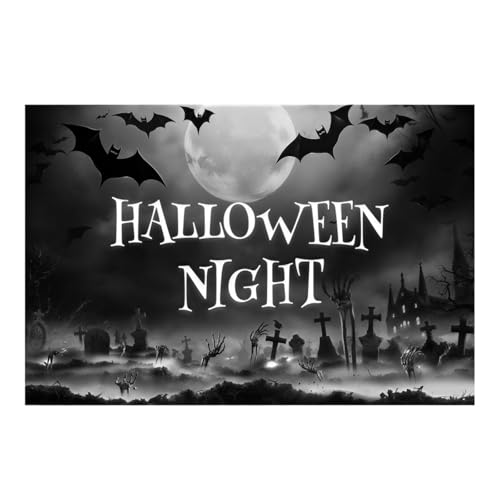 GLSZNQO Halloween-Nacht, Schwarz-Weiß-Fotografie-Hintergrund, Totenkopf, Fledermäuse, Burg, Nebel, Vollmond, trostloser Friedhof, Motto-Party, Foto-Hintergrund(CH00004) von GLSZNQO