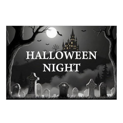 GLSZNQO Halloween-Nacht, Schwarz-Weiß-Fotografie-Hintergrund, Totenkopf, Fledermäuse, Burg, Nebel, Vollmond, trostloser Friedhof, Motto-Party, Foto-Hintergrund(CH00023) von GLSZNQO