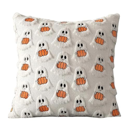 Halloween-Kissenbezug mit Geist und Kürbis, waschbar, Plüsch, Kunstfell, Kissenbezug, Geist und Kürbis, Kissenbezug for Zuhause, Party, Kürbis-Dekoration(C) von GLSZNQO