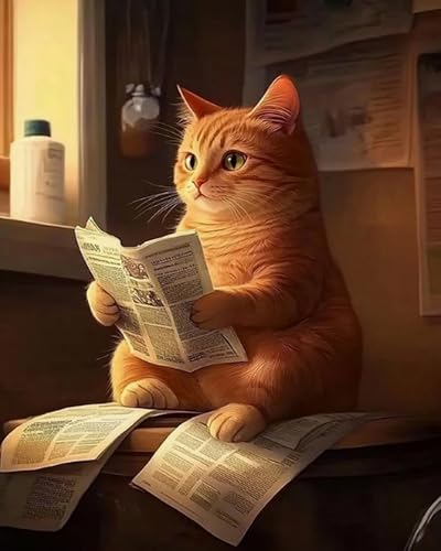 GLTEYACO Kreuzstich Vorgedruckt Set Katze liest Zeitung 11CT Kreuzstich Stickpackungen DIY Stickbilder für Anfänger Home Decor-40x50 cm von GLTEYACO