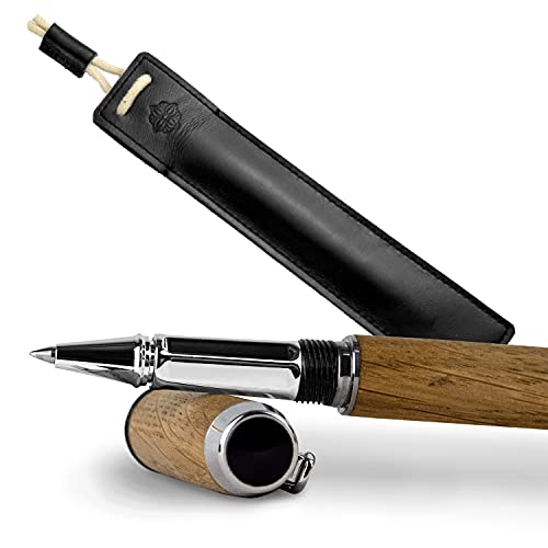GLUTHOLZ Handgefertigter Kugelschreiber AUTOR aus Holz (EICHE) mit Lederetui ASCHE | Edles Geschenkset aus Tintenroller + Etui | Das perfekte Luxusgeschenk Made in Germany von GLUTHOLZ