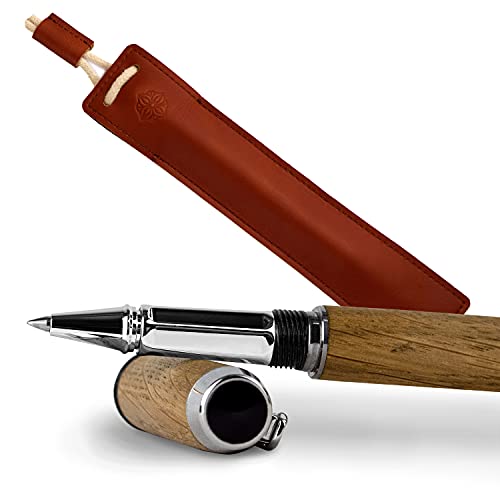 GLUTHOLZ Handgefertigter Kugelschreiber AUTOR aus Holz (EICHE) mit Lederetui ROST | Edles Geschenkset aus Tintenroller + Etui | Das perfekte Luxusgeschenk Made in Germany von GLUTHOLZ