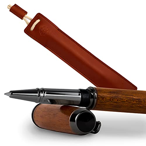 GLUTHOLZ Handgefertigter Kugelschreiber AUTOR aus Holz (MAHAGONI) mit Lederetui ROST | Edles Geschenkset aus Tintenroller + Etui | Das perfekte Luxusgeschenk Made in Germany von GLUTHOLZ