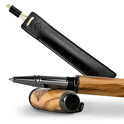 GLUTHOLZ Handgefertigter Kugelschreiber AUTOR aus Holz (OLIVE) mit Lederetui ASCHE | Edles Geschenkset aus Tintenroller + Etui | Das perfekte Luxusgeschenk für Unikat Liebhaber von GLUTHOLZ