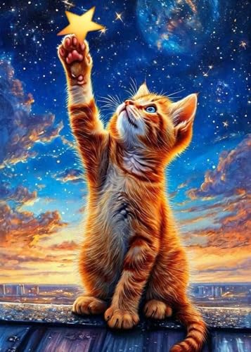 GLXPOG Katze Sternenhimmel Diamond Painting Bilder Set, Diamant Art Malerei Painting Kit für Erwachsene, DIY Strass Stickerei Malerei Wand Dekor 30x40cm von GLXPOG
