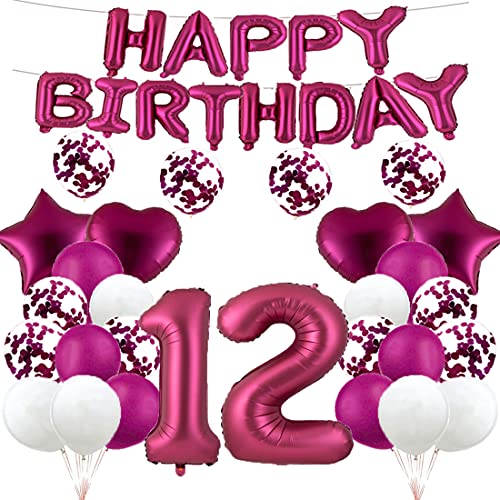 GLZLMM Luftballon zum 12. Geburtstag, Dekoration zum 12. Geburtstag, Burgunderrot, 12 Luftballons "Happy 12th Birthday", Partyzubehör, Nummer 12, Folienballons aus Mylar, Latex-Ballon, Geschenke für von GLZLMM