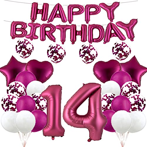 GLZLMM Luftballon zum 14. Geburtstag, Dekoration zum 14. Geburtstag, Burgunderrot, 14 Luftballons, Partyzubehör, Nummer 14, Folien-Mylar-Luftballons, Latex-Ballon, Geschenke für Mädchen, Jungen, von GLZLMM