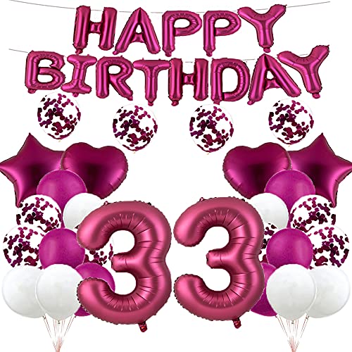 Ballon zum 33. Geburtstag, Dekoration für 33. Geburtstag, Burgunderrot, 33 Luftballons, Happy 33th Birthday, Partyzubehör, Nummer 33, Folie, Mylar-Ballons, Latex-Ballon,Jungen, Frauen, Männer von GLZLMM