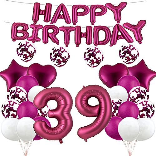 Ballon zum 39. Geburtstag, Dekoration für 39. Geburtstag, Burgunderrot, 39 Luftballons, Happy 39th Birthday, Partyzubehör, Nummer 39, Folie, Mylar-Ballons, Latex-Ballon,Frauen, Männer von GLZLMM