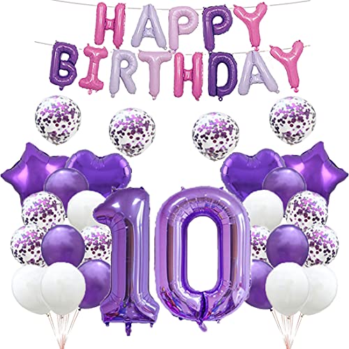 Luftballon zum 10. Geburtstag, Dekoration, lila, 10 Luftballons, Happy 10th Birthday, Partyzubehör, Nummer 10, Folie, Mylar-Ballons, Latex-Ballon, Geschenke für Mädchen, Jungen, Frauen, Männer von GLZLMM