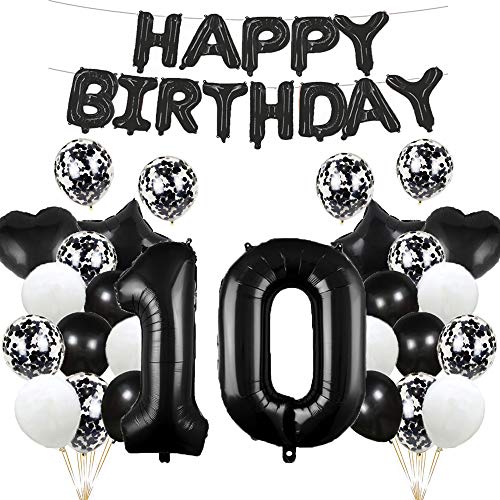 Luftballon zum 10. Geburtstag, Dekoration, schwarz, 10 Luftballons, Happy 10th Birthday, Partyzubehör, Nummer 10, Folie, Mylar-Ballons, Latex-Ballon, Geschenke für Mädchen, Jungen, Frauen, Männer von GLZLMM