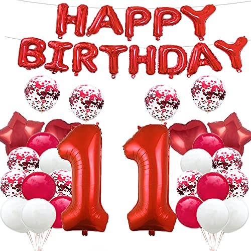 GLZLMM Luftballon zum 11. Geburtstag, Dekoration zum 11. Geburtstag, Rot, 11 Luftballons "Happy 11th Birthday", Partyzubehör, Nummer 11, Folienballons aus Mylar, Latex-Ballon, Geschenke für Mädchen, von GLZLMM