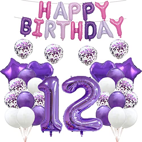 Luftballon zum 12. Geburtstag, Dekoration, lila, 12 Luftballons, "Happy 12th Birthday", Partyzubehör, Nummer 12, Folie, Mylar-Luftballons, Latex-Ballon, Geschenke für Mädchen, Jungen, Frauen, Männer von GLZLMM