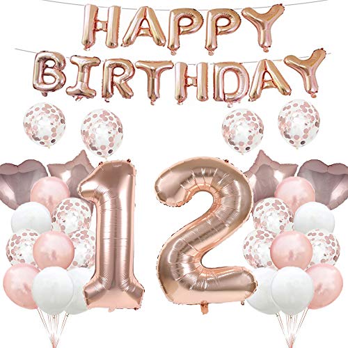 Luftballon zum 12. Geburtstag, Dekorationen in Roségold, 12 Luftballons, Happy 12th Birthday", Partyzubehör, Nummer 12, Folie, Mylar-Luftballons, Latex-Ballon, Geschenke für Mädchen, Jungen von GLZLMM