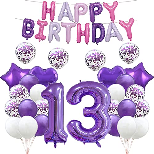 GLZLMM Luftballon zum 13. Geburtstag, 13. Geburtstag, Dekoration, Violett, 13 Luftballons "Happy 13th Birthday", Partyzubehör, Nummer 13, Mylar-Luftballons, Latex-Ballon, Geschenke für Mädchen, von GLZLMM