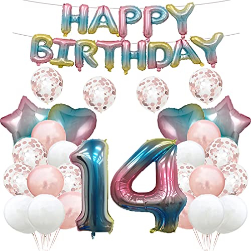 Luftballon zum 14. Geburtstag, Dekoration, Regenbogenfarben, 14 Luftballons, Happy 14th Birthday, Partyzubehör, Nummer 14, Folie, Mylar-Ballons, Latex-Ballon für Mädchen, Jungen, Frauen, Männer von GLZLMM