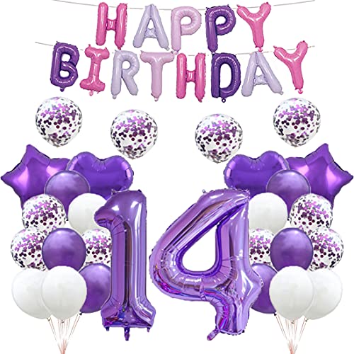 Luftballon zum 14. Geburtstag, Dekoration, lila, 14 Luftballons, Happy 14th Birthday, Partyzubehör, Nummer 14, Folie, Mylar-Luftballons, Latex-Ballon, Geschenke für Mädchen, Jungen, Frauen, Männer von GLZLMM