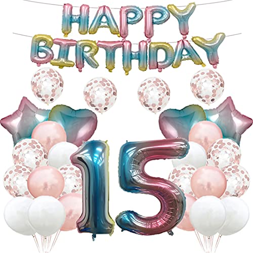 Luftballon zum 15. Geburtstag, Dekoration, Regenbogenfarben, 15 Luftballons, Happy 15th Birthday, Partyzubehör, Nummer 15, Folie, Mylar-Ballons, Latex-Ballon für Mädchen, Jungen, Frauen, Männer von GLZLMM