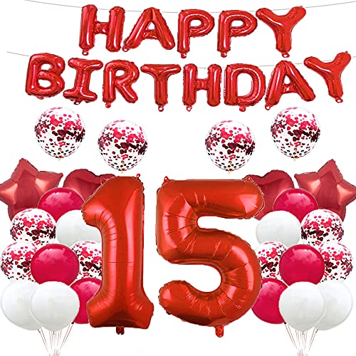 Luftballon zum 15. Geburtstag, Dekoration, Rot, 15 Luftballons, Happy 15th Birthday, Partyzubehör, Nummer 15, Folie, Mylar-Ballons, Latex-Ballon, Geschenke für Mädchen, Jungen, Frauen, Männer von GLZLMM