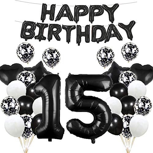 Luftballon zum 15. Geburtstag, Dekoration, schwarz, 15 Luftballons, Partyzubehör, Nummer 15, Folie, Mylar-Luftballons, Latex-Ballon, Geschenke für Mädchen, Jungen, Frauen, Männer von GLZLMM
