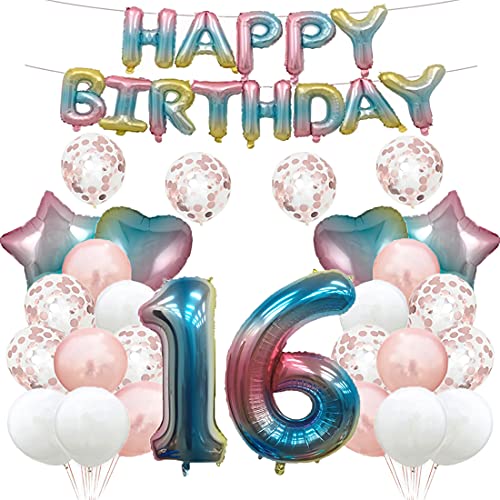 Luftballon zum 16. Geburtstag, Dekoration, Regenbogenfarben, 16 Luftballons, Happy 16th Birthday, Partyzubehör, Nummer 16, Folie, Mylar-Ballons, Latex-Ballon für Mädchen, Jungen, Frauen, Männer von GLZLMM