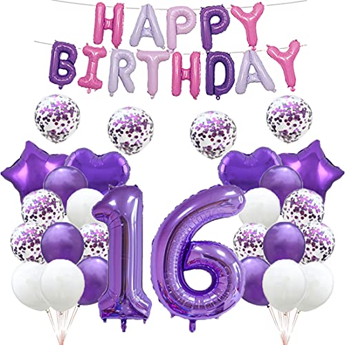 Luftballon zum 16. Geburtstag, Dekoration, lila, 16 Luftballons, Happy 16th Birthday", Partyzubehör, Nummer 16, Folie, Mylar-Ballons, Latex-Ballon, Geschenke für Mädchen, Jungen, Frauen, Männer von GLZLMM