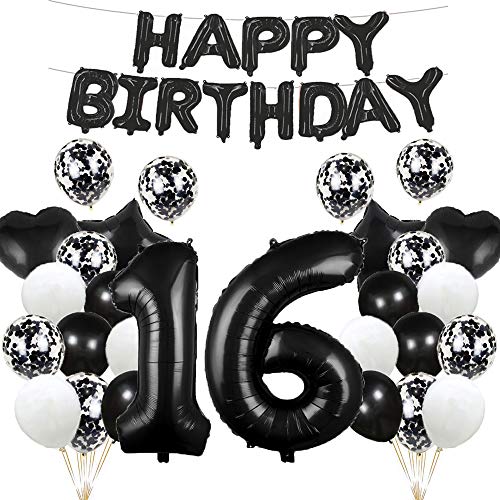 Luftballon zum 16. Geburtstag, Dekoration, schwarz, 16 Luftballons, Happy 16th Birthday", Partyzubehör, Nummer 16, Folie, Mylar-Ballons, Latex-Ballon, Geschenke für Mädchen, Jungen, Frauen, Männer von GLZLMM