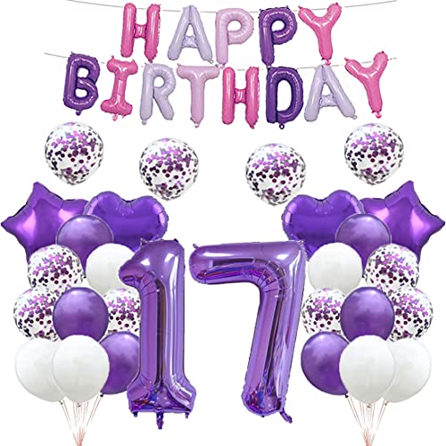 GLZLMM Luftballon zum 17. Geburtstag, 17. Geburtstag, Dekoration, Violett, 17 Luftballons, Partyzubehör, Nummer 17, Folien-Mylar-Luftballons, Latex-Ballon, Geschenke für Mädchen, Jungen, Frauen, von GLZLMM