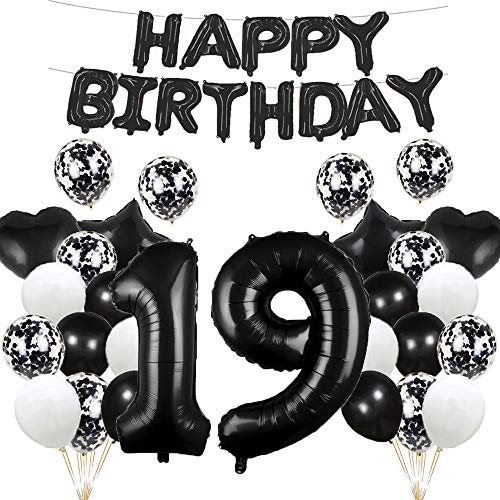 Luftballon zum 19. Geburtstag, Dekoration, schwarz, 19 Luftballons, Partyzubehör, Nummer 19, Folie, Mylar-Luftballons, Latex-Ballon, Geschenke für Mädchen, Jungen, Frauen, Männer von GLZLMM