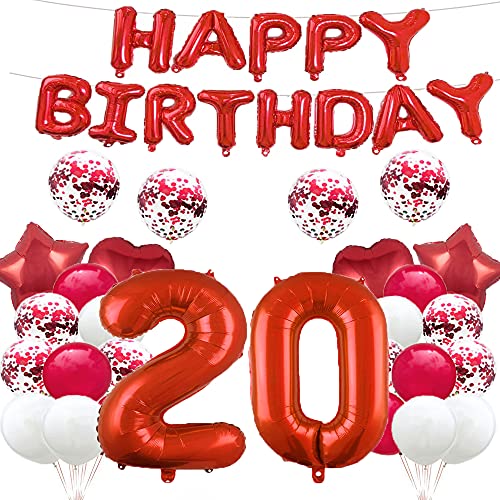 Ballon zum 20. Geburtstag, Dekoration zum 20. Geburtstag, Rot, 20 Luftballons, Happy 20th Birthday, Partyzubehör, Nummer 20, Folien-Mylar-Luftballons, Latex-Ballon, Geschenke für Mädchen, Jungen, von GLZLMM