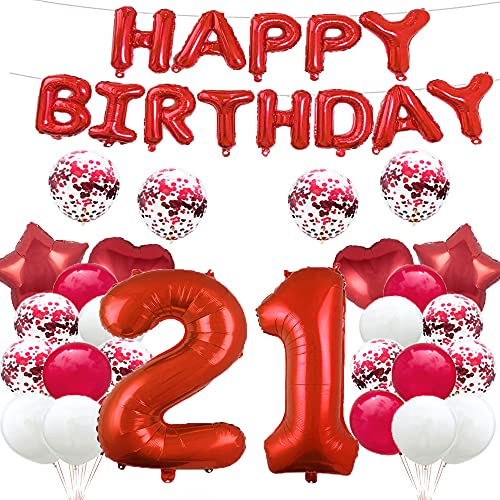 GLZLMM Luftballon zum 21. Geburtstag, 21. Geburtstag, Dekoration, Rot, 21 Luftballons, Partyzubehör, Nummer 21, Folien-Mylar-Ballon, Latex-Ballon, Geschenke für Mädchen, Jungen, Frauen, Männer von GLZLMM
