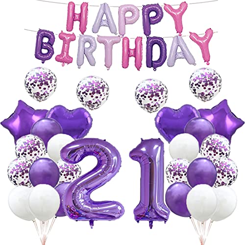 GLZLMM Luftballon zum 21. Geburtstag, 21. Geburtstag, Dekoration, Violett, 21 Luftballons, Partyzubehör, Nummer 21, Mylar-Folie, Latex-Ballon, Geschenke für Mädchen, Jungen, Frauen, Männer von GLZLMM
