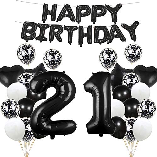 Luftballon zum 21. Geburtstag, Dekoration, schwarz, 21 Luftballons, Happy 21th Birthday, Partyzubehör, Nummer 21, Folie, Mylar-Ballons, Latex-Ballon, Geschenke für Mädchen, Jungen, Frauen, Männer von GLZLMM