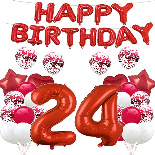 Luftballon zum 24. Geburtstag, Dekoration, Rot, 24 Luftballons, Happy 24th Birthday, Partyzubehör, Nummer 24, Folie, Mylar-Ballons, Latex-Ballon, Geschenke für Mädchen, Jungen, Frauen, Männer von GLZLMM