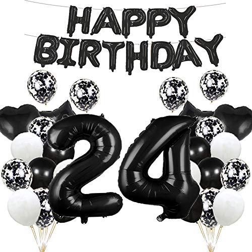 Luftballon zum 24. Geburtstag, Dekoration, schwarz, 24 Luftballons, Happy 24th Birthday, Partyzubehör, Nummer 24, Folie, Mylar-Ballons, Latex-Ballon, Geschenke für Mädchen, Jungen, Frauen, Männer von GLZLMM
